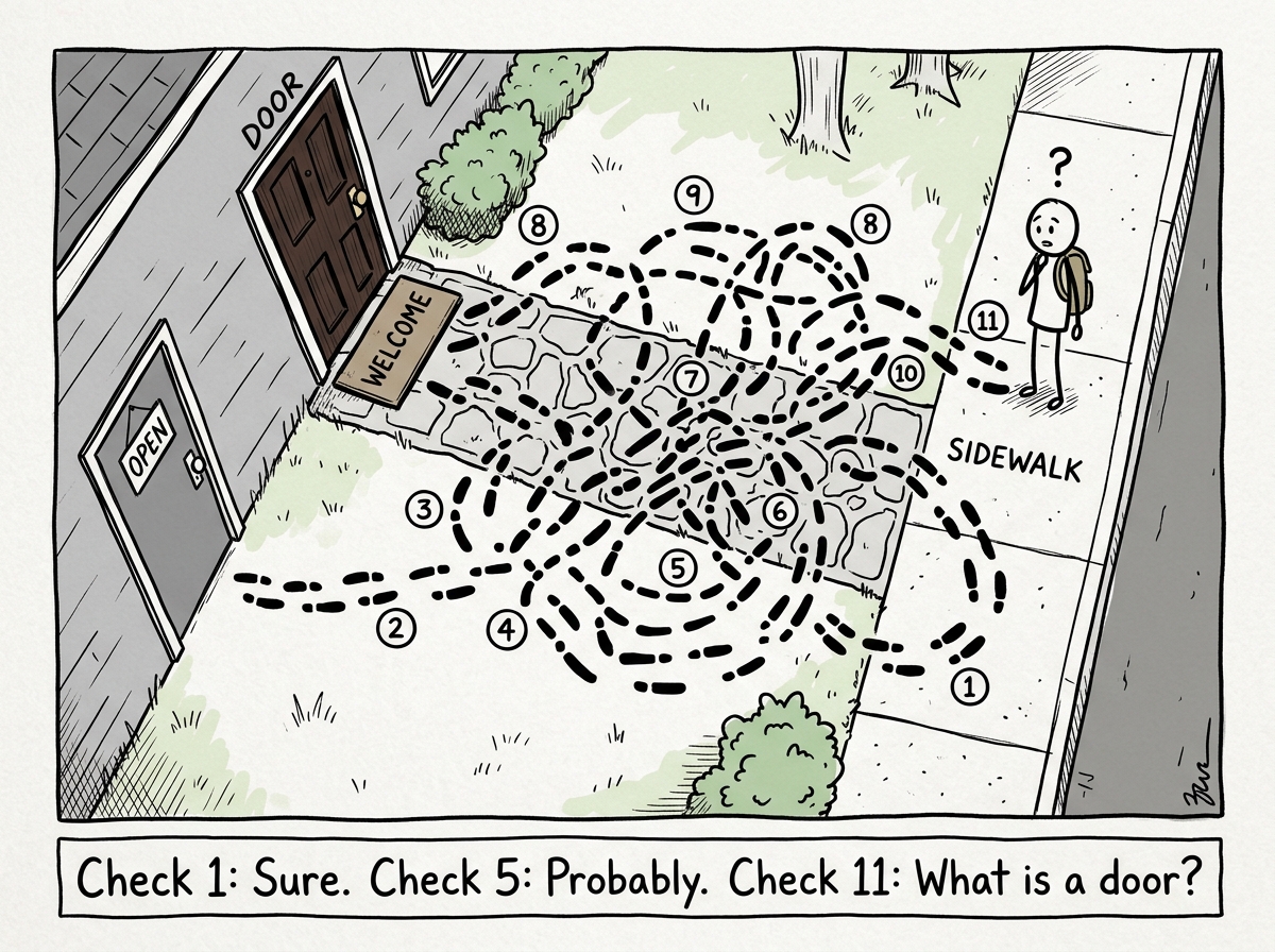 A bird's-eye view showing the stick figure's path: a chaotic mess of footprints going back and forth between the door and the sidewalk eleven times, each path labeled with a number