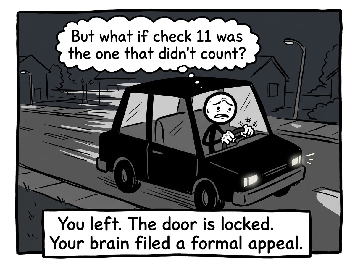 The stick figure finally in their car, driving away, gripping the steering wheel with white knuckles, a thought bubble reading 'But what if check 11 was the one that didn't count?'