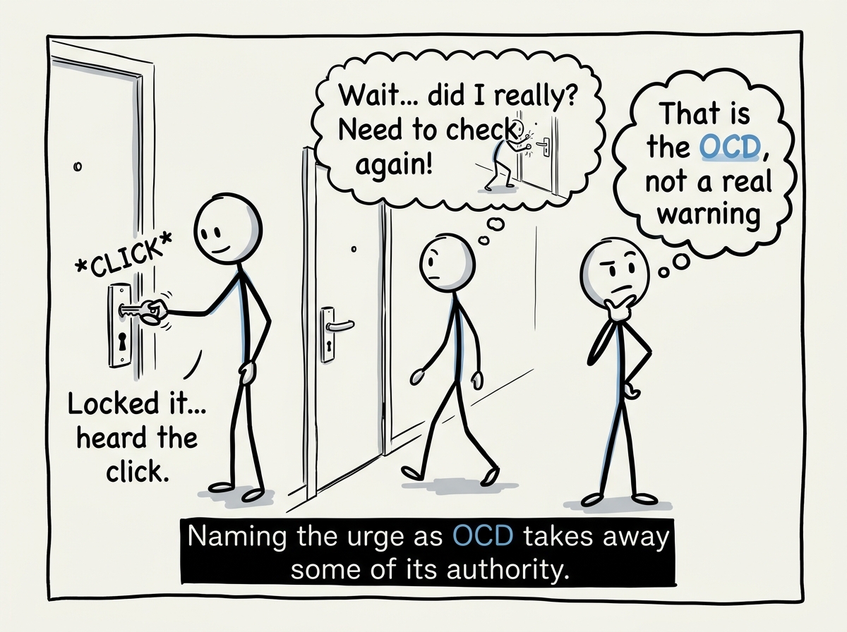 A stick figure locking the door, hearing the click, and noticing the urge to check again -- labeling it with a thought bubble that says 'That is the OCD, not a real warning'