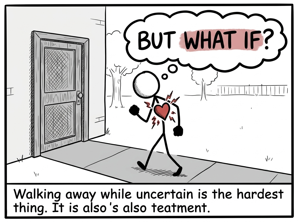 The stick figure walking away from the door with clenched fists and a racing heart, the thought 'But what if?' still loud, choosing not to turn around