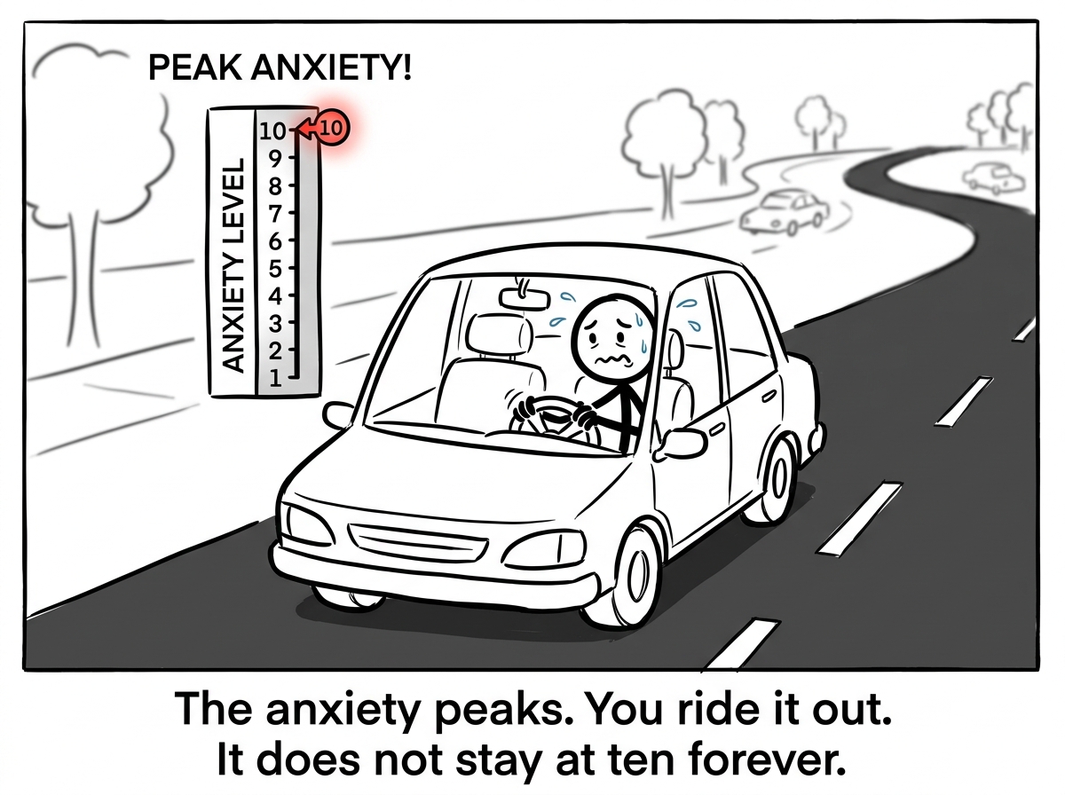 The stick figure sitting in their car, anxiety spiking on a visible meter, hands gripping the wheel -- but not going back, letting the wave crest