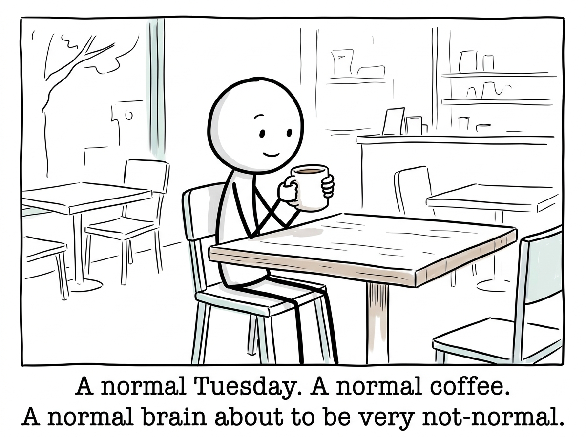 A stick figure peacefully holding a cup of coffee in a cafe, everything calm and normal