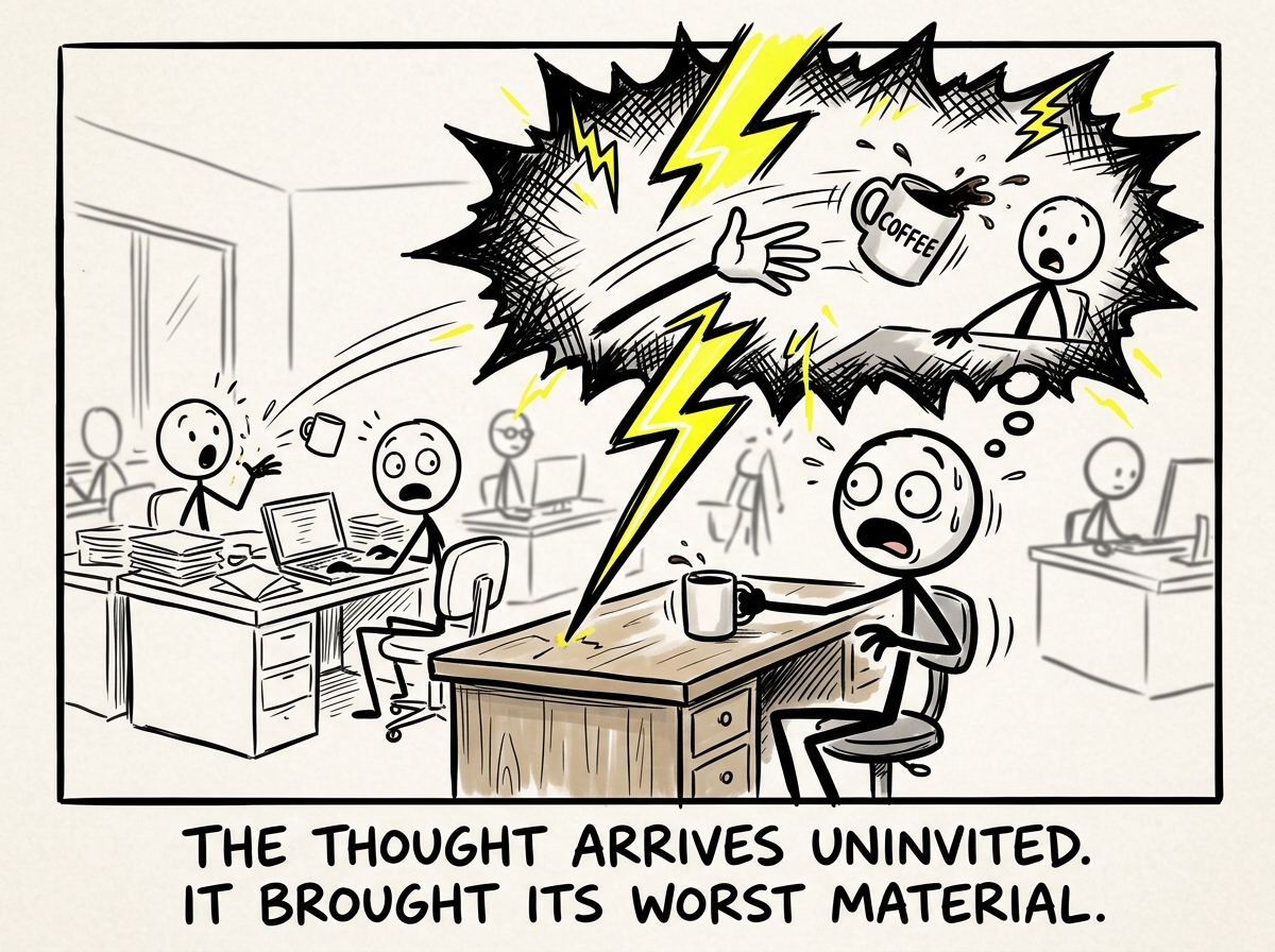 A jarring intrusive thought appearing as a lightning bolt in the stick figure's mind showing an image of throwing the coffee, the figure's eyes going wide with shock and horror
