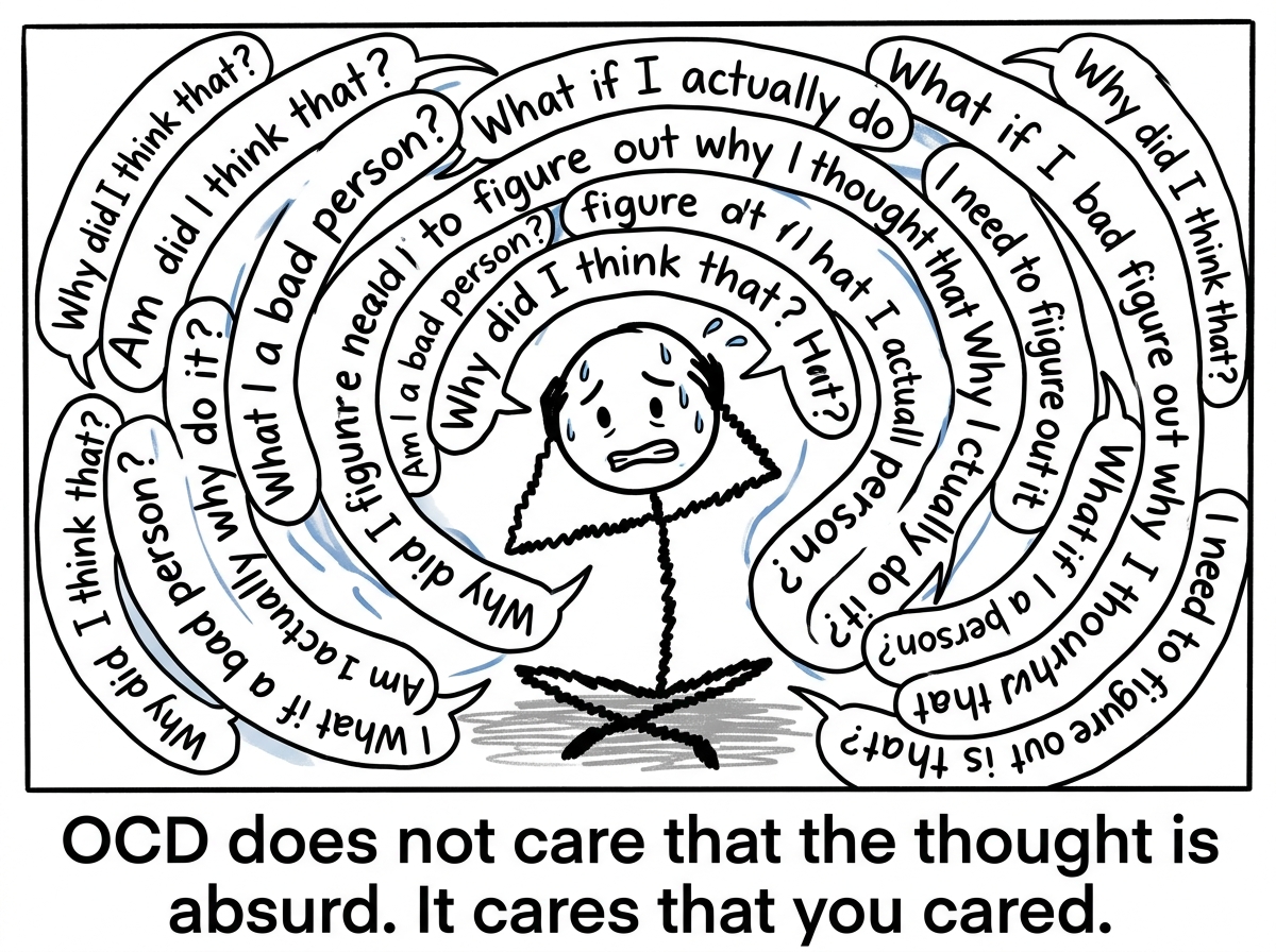 The stick figure now sitting frozen, surrounded by spiraling thought bubbles: 'Why did I think that?' to 'Am I a bad person?' to 'What if I actually do it?' to 'I need to figure out why I thought that' in an endless loop