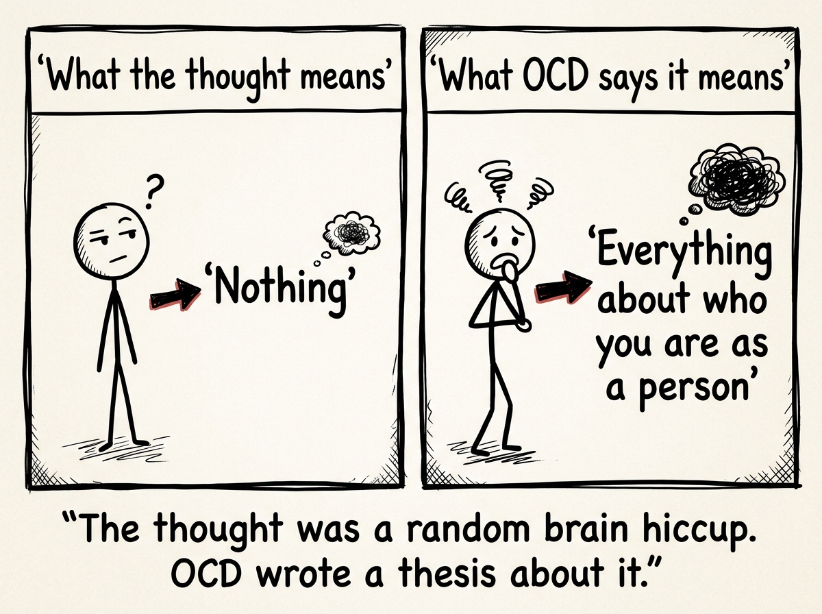 Two panels side by side: one showing 'What the thought means' with an arrow pointing to the word 'Nothing' and the other showing 'What OCD says it means' with an arrow pointing to 'Everything about who you are as a person'
