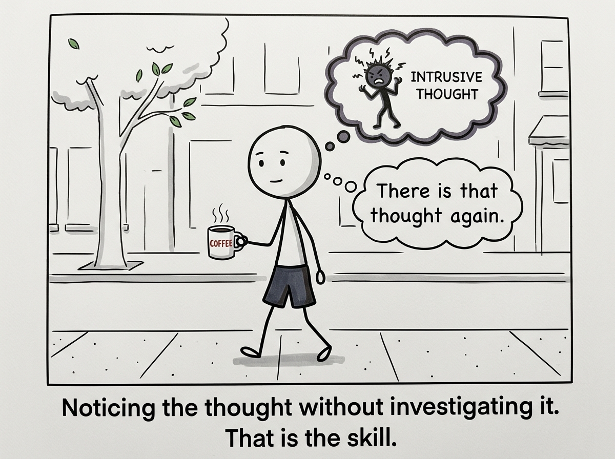 A stick figure holding coffee as the intrusive thought appears again, this time noticing it and thinking 'There is that thought again' without grabbing onto it