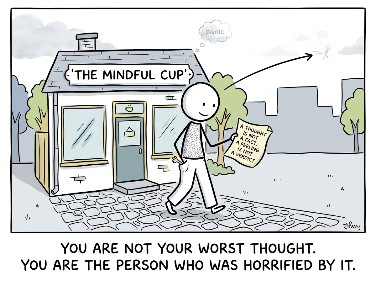 The stick figure leaving the cafe, the thought now tiny and far away, a small note in their pocket reading 'A thought is not a fact, a feeling is not a verdict'
