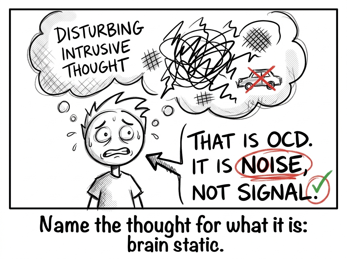 A stick figure has a disturbing intrusive thought and labels it: 'That is OCD. It is noise, not signal.'