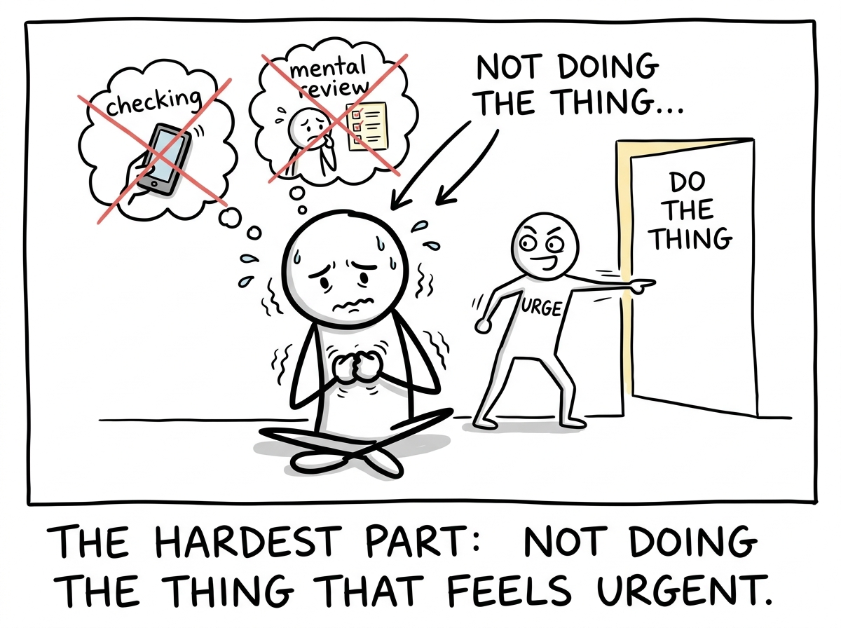 The stick figure resisting the urge to check, reassure, or mentally review, sitting with the discomfort instead