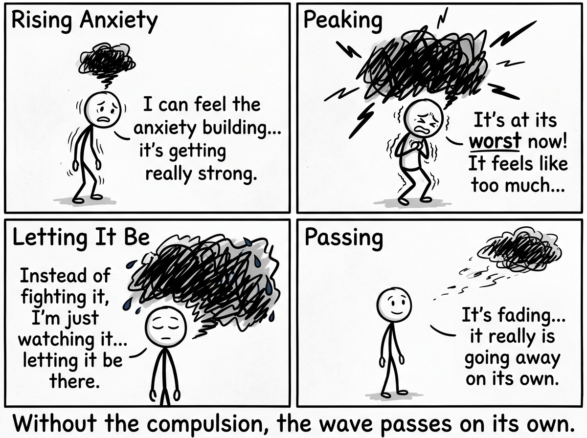 The stick figure letting the anxious feeling peak and then slowly subside on its own, without a compulsion to bring it down