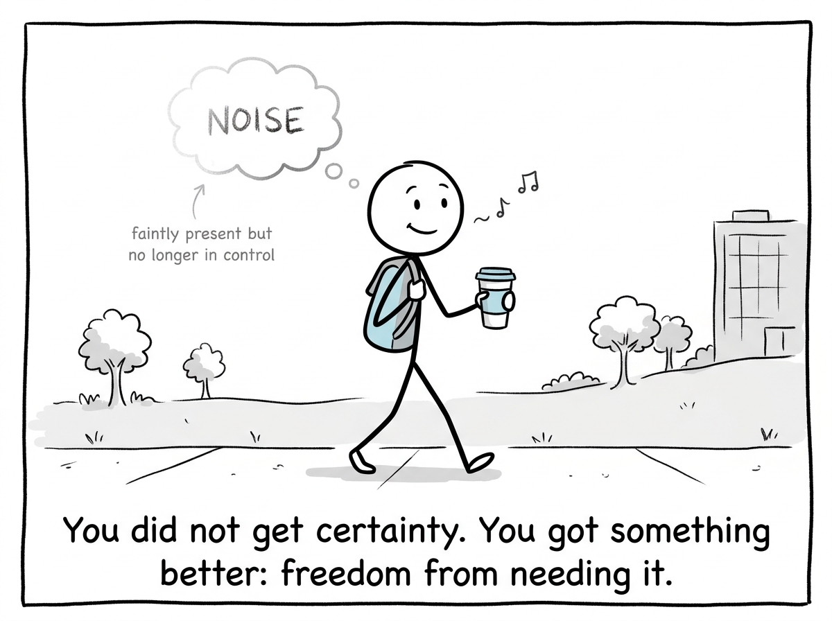 The stick figure going about their day with the thought still faintly present but no longer in control, labeled 'noise'