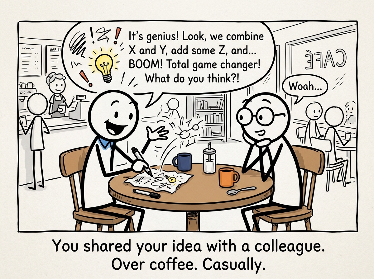 Two stick figures having coffee, one excitedly sketching out an idea on a napkin while the other listens intently with wide eyes