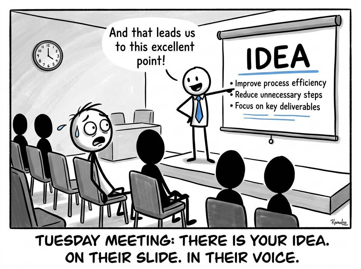 The colleague standing confidently at the front of a meeting room, presenting the exact same idea on a polished slide, while the original stick figure sits in the audience looking stunned