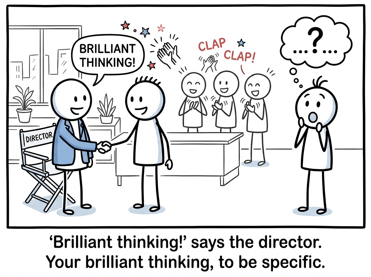The director congratulating the colleague with a handshake while the team applauds, and the original figure stares with their mouth open trying to decide whether to speak up
