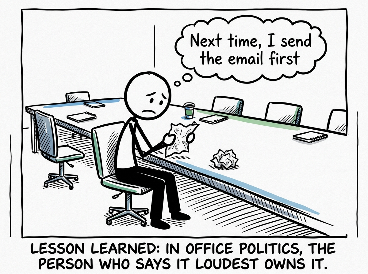 The original stick figure sitting alone after the meeting, staring at the napkin sketch from coffee, now crumpled, with a thought bubble: 'Next time, I send the email first'
