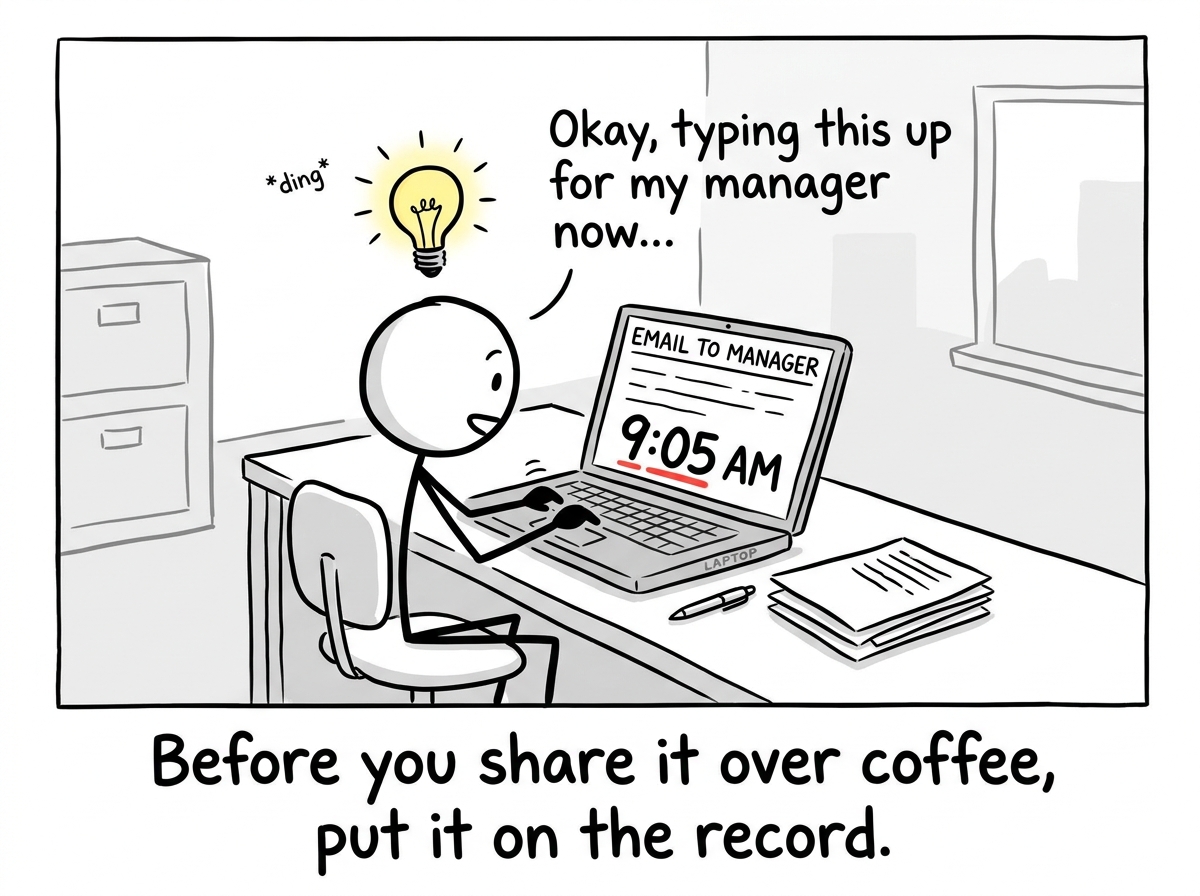 A stick figure with a new idea typing an email to their manager first, timestamping their thinking before sharing it casually