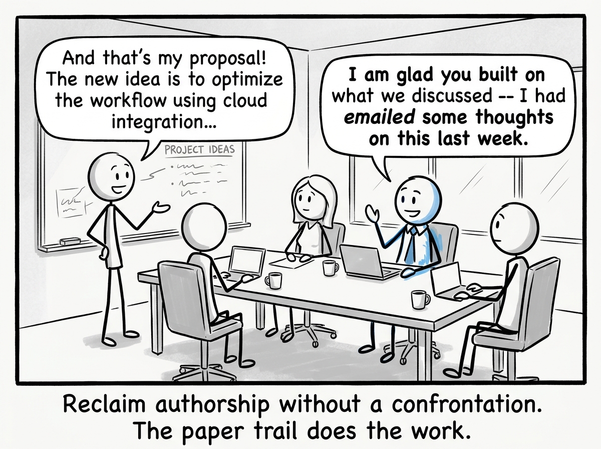 The stick figure in a meeting, hearing a colleague present a similar idea, and calmly saying 'I am glad you built on what we discussed -- I had emailed some thoughts on this last week'