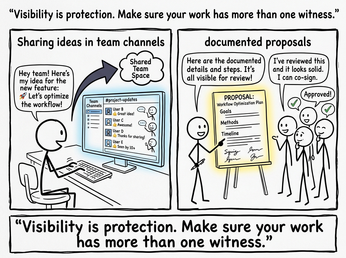 The stick figure sharing ideas in team channels and documented proposals, making their contributions visible to more than one person