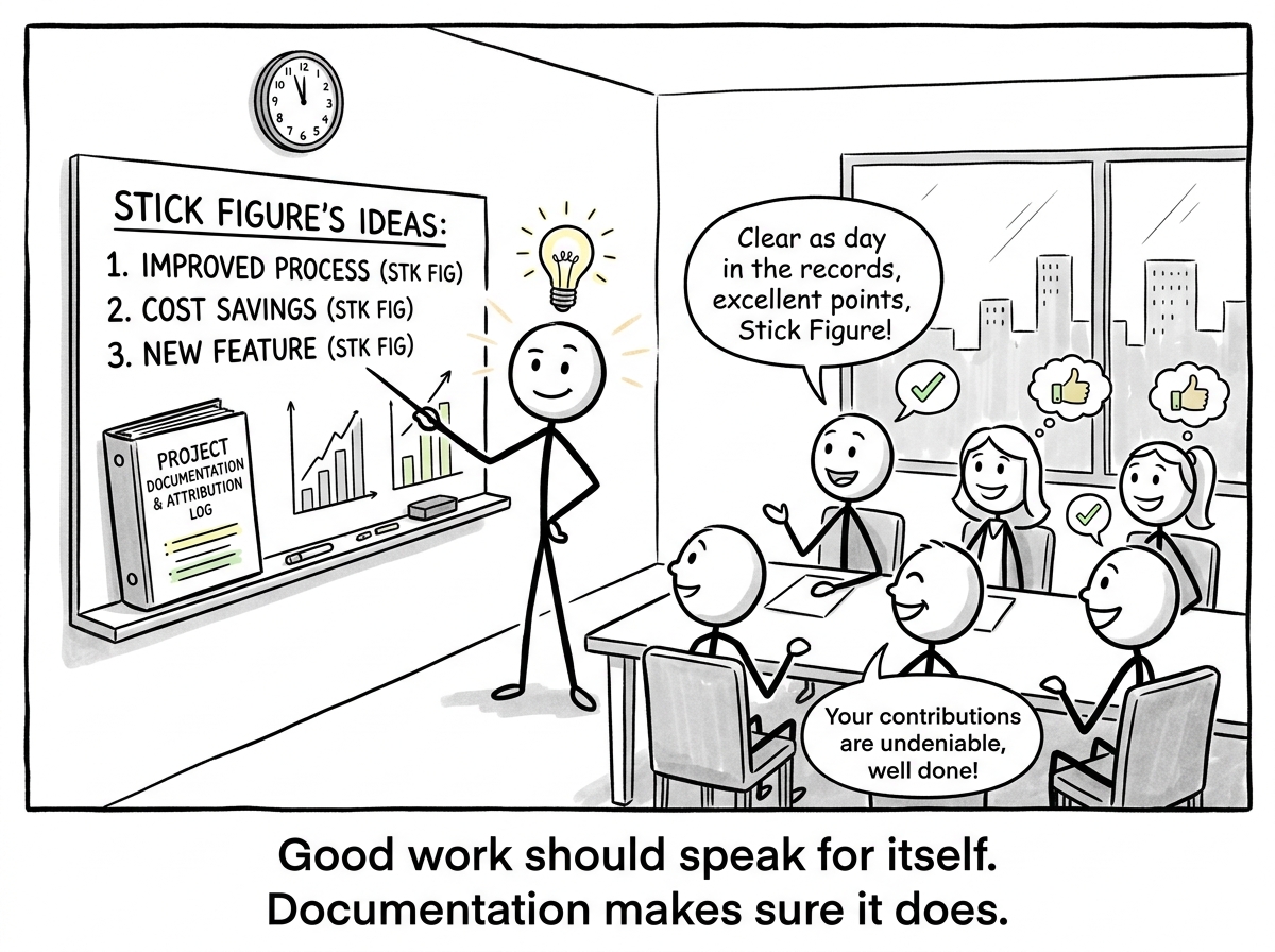 The stick figure's ideas consistently attributed to them because the record is clear, their contributions recognized in the room