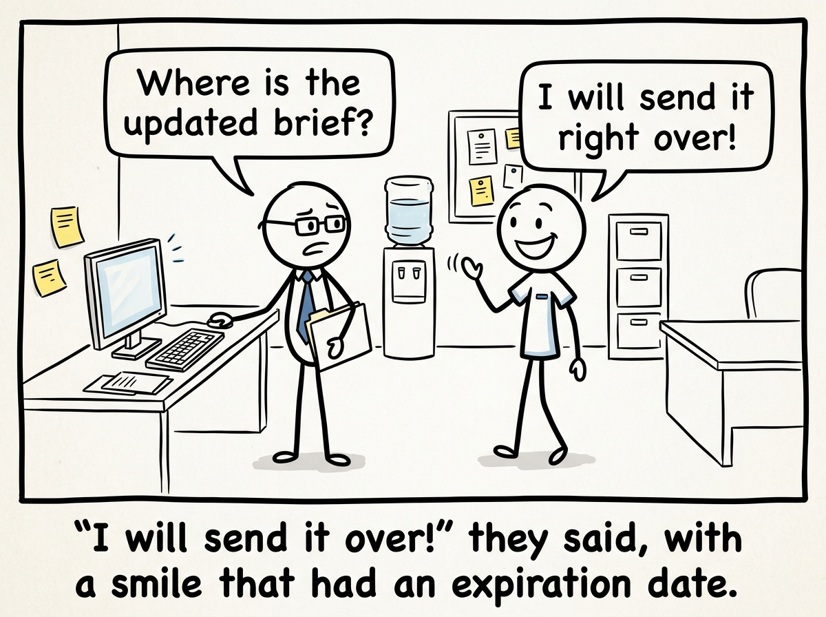 A stick figure asking a colleague 'Where is the updated brief?' and the colleague smiling and saying 'I will send it right over!'