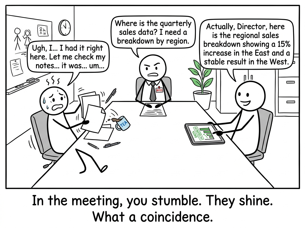 In the meeting, the stick figure fumbling without the data while the colleague smoothly answers the director's question with the exact information that was withheld