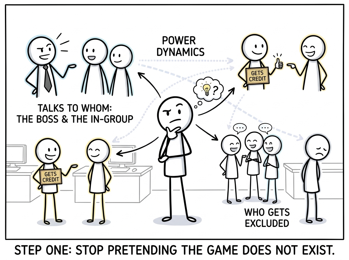 A stick figure observing the invisible power dynamics in their workplace -- who talks to whom, who gets credit, who gets excluded -- with a thoughtful expression