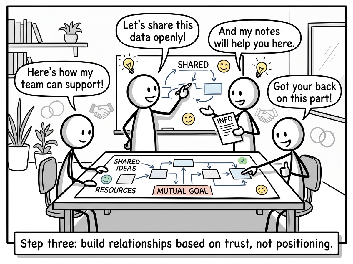 The stick figure building genuine alliances with trusted colleagues, sharing information openly, creating reciprocal support