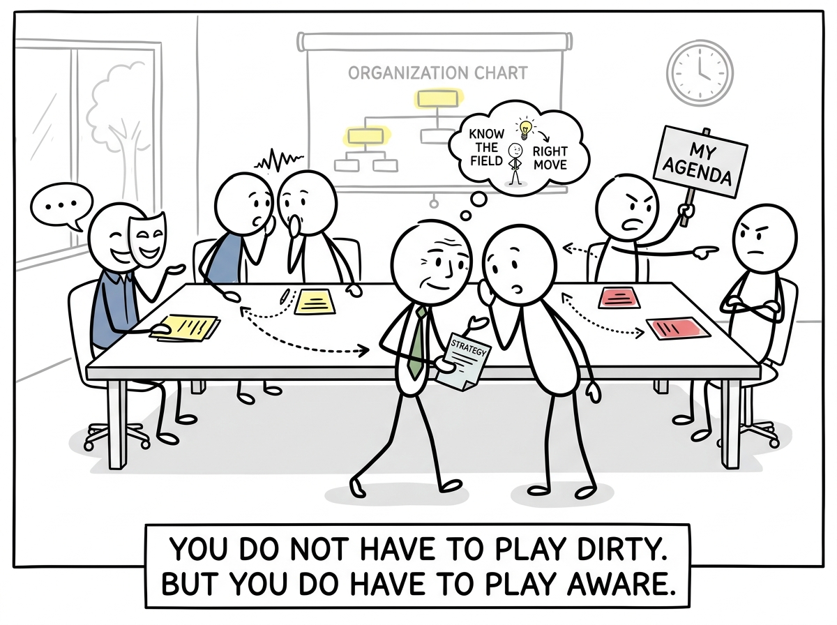 The stick figure calmly navigating a meeting where political maneuvering is happening, choosing when to engage and when to stay strategic