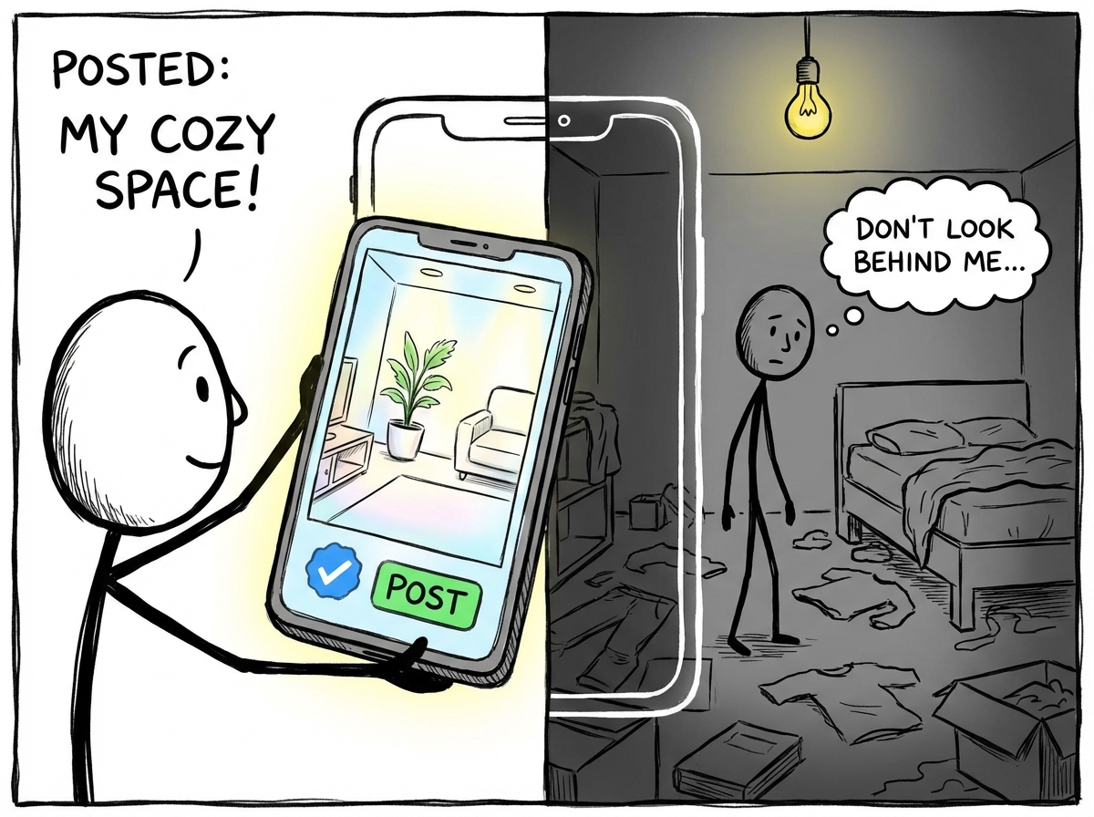 A stick figure posting a polished photo while their real room behind the phone is messy and dim, two realities side by side