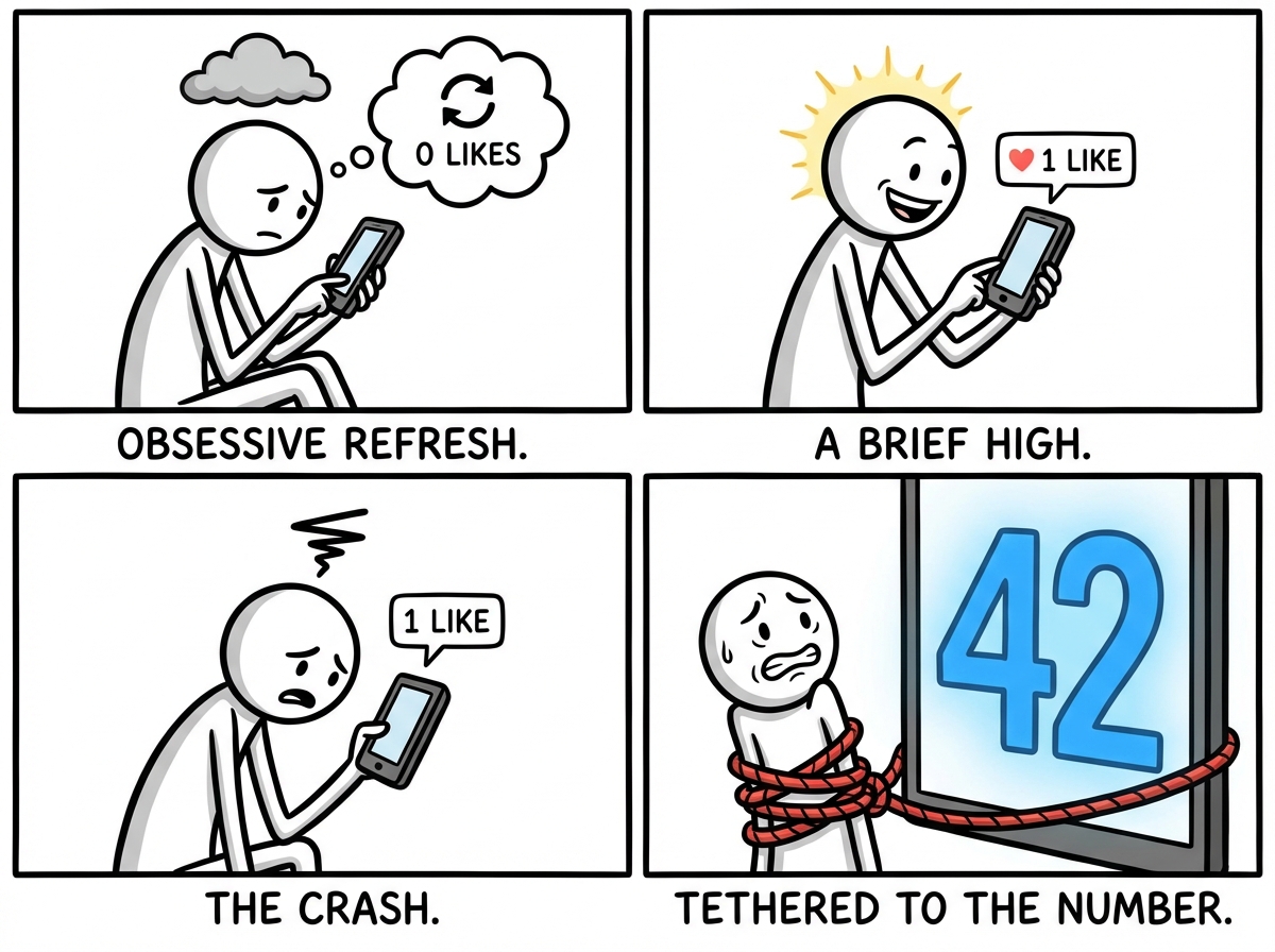 The stick figure refreshing a post obsessively, their mood rising and falling with each like, their sense of self tethered to a number