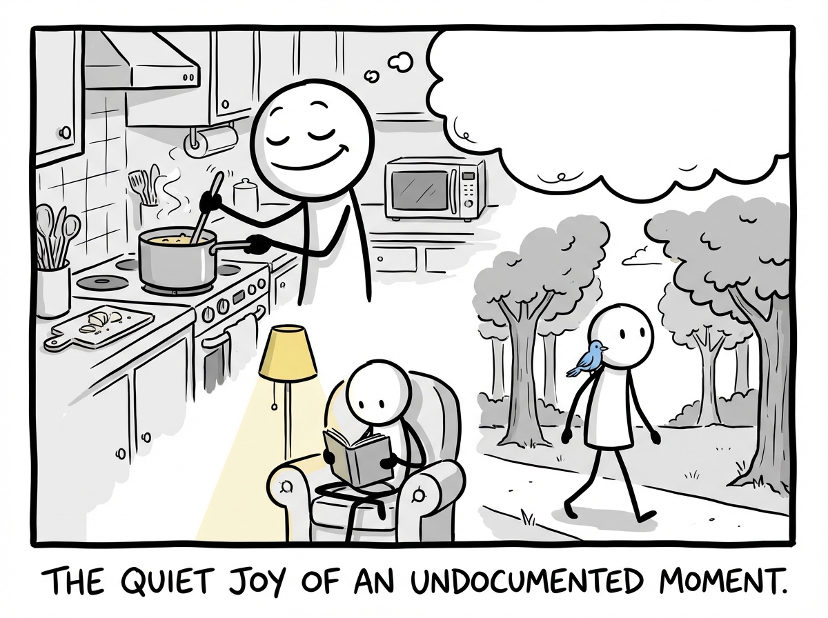 The stick figure doing something enjoyable without documenting it -- cooking, walking, reading -- the moment existing only for them