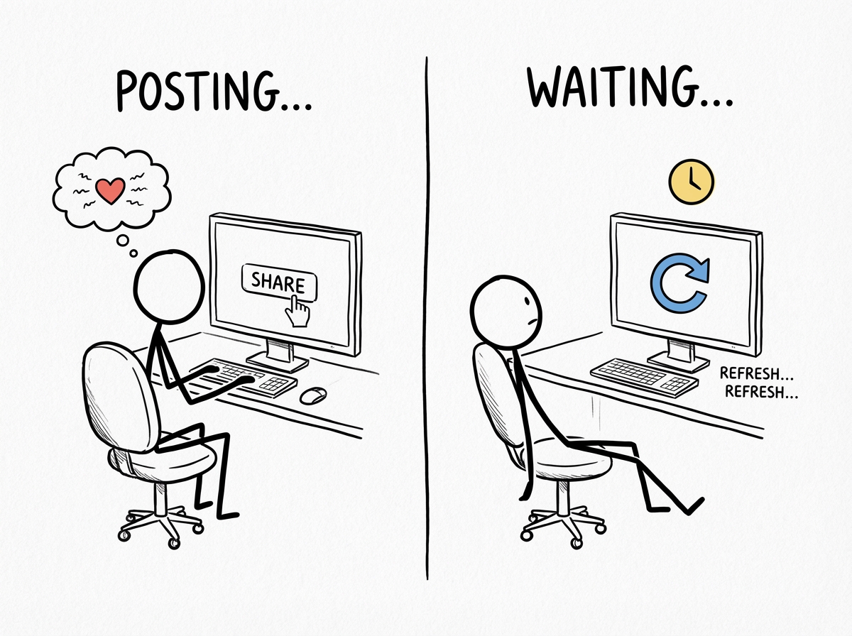 A stick figure posting something personal online -- a heartfelt thought, a creative piece -- then sitting back and staring at the screen, waiting, refreshing