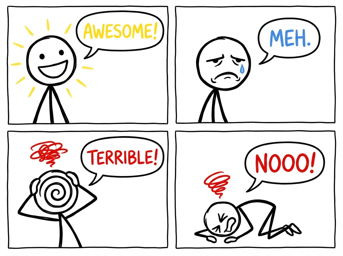 The stick figure's expression changing rapidly: a positive comment bubble makes them beam, then a negative comment makes their face fall, then another negative one sends them spiraling with hands on their head