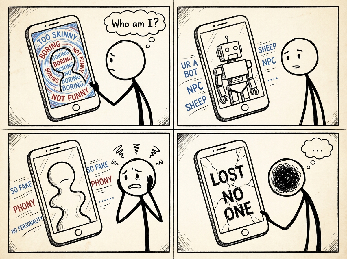The stick figure looking at their reflection in the phone screen, but the reflection keeps changing shape based on the comments flowing past -- they have lost their own image