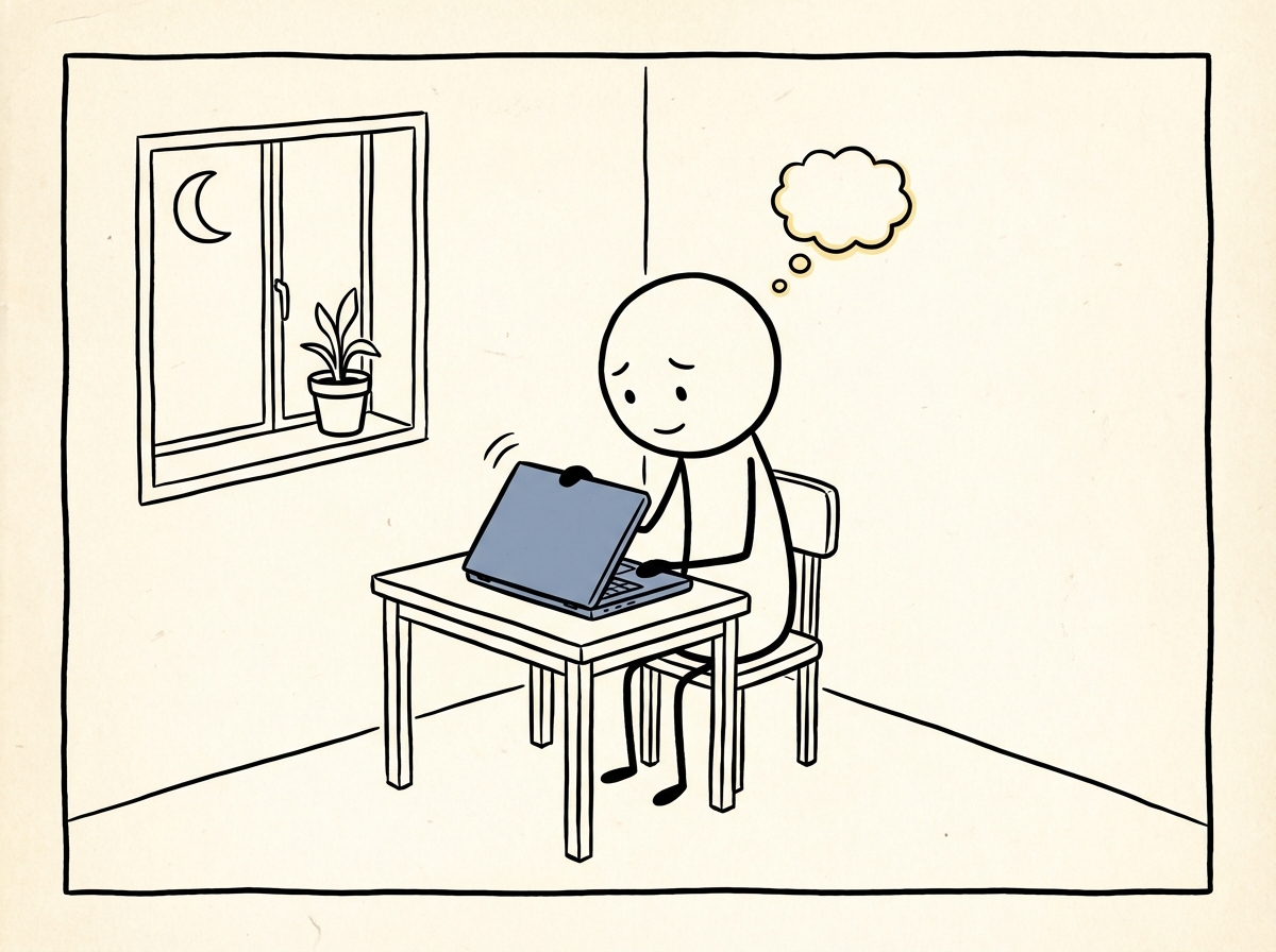 The stick figure closing their laptop, sitting in a quiet room, looking inward with a calm but thoughtful expression -- their own opinion forming without external input