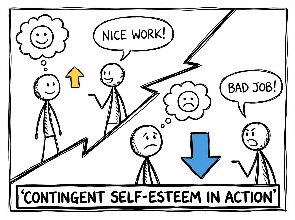 A stick figure noticing their mood spike after a positive comment and crash after a negative one, with a label: 'Contingent self-esteem in action'