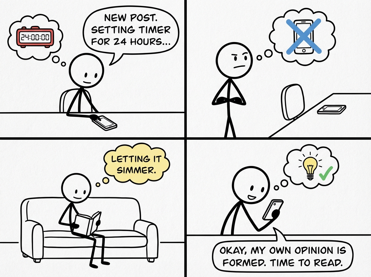 A stick figure setting a timer for 24 hours before reading comments on a new post, giving their own opinion time to form first
