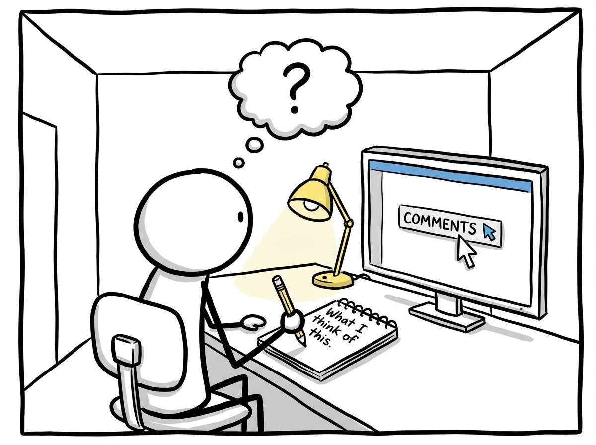 A stick figure writing down 'What I think of this' on a notepad before opening the comments section