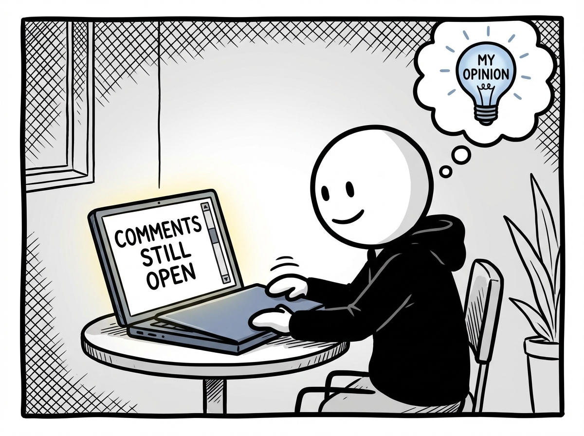 A stick figure closing their laptop with the comments still open, sitting quietly with a calm expression, holding their own opinion