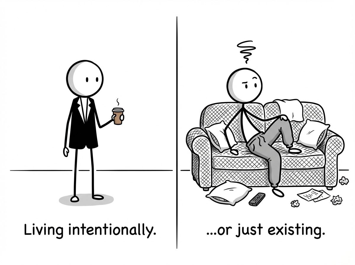 A split panel: left side shows a stick figure in perfect lighting with a coffee and a clever caption underneath reading 'Living intentionally.' Right side shows the same figure in sweatpants on a messy couch looking uncertain.