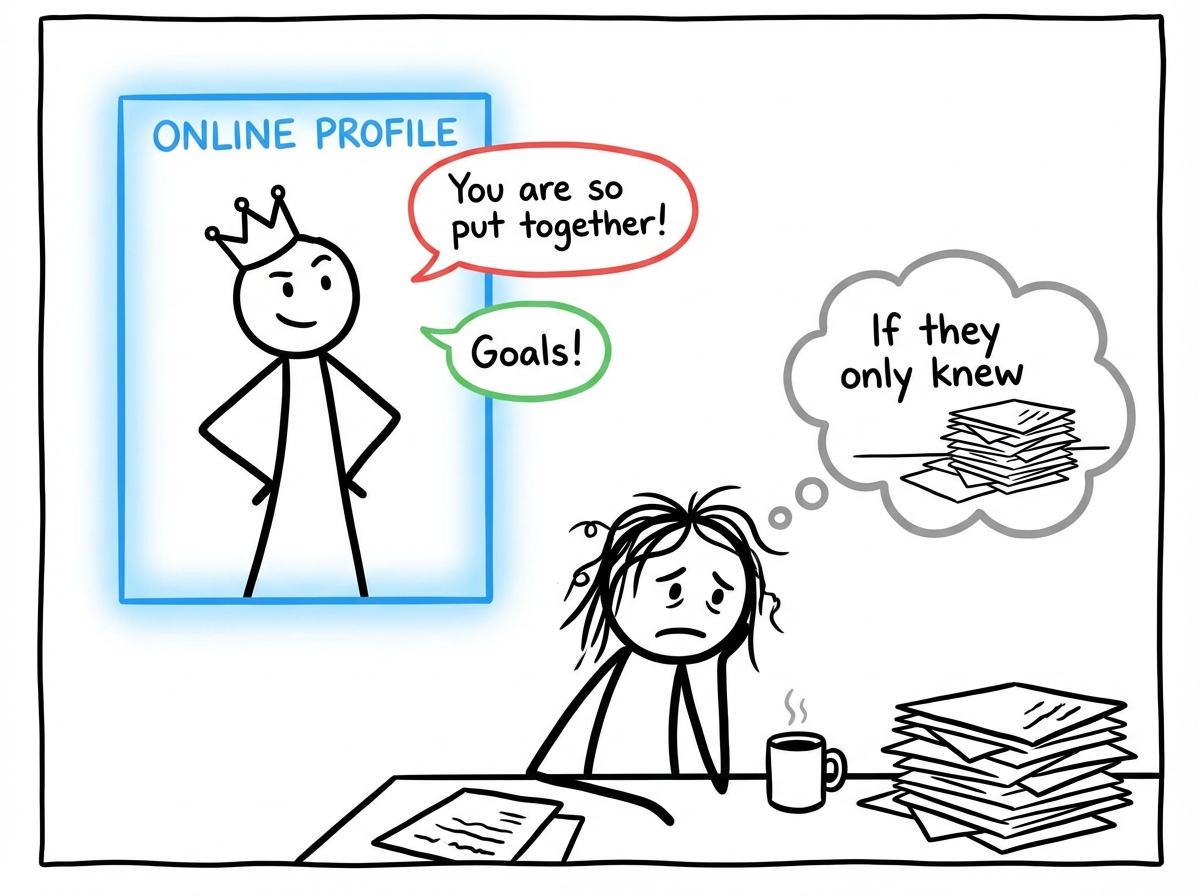The online version of the stick figure receiving comment bubbles: 'You are so put together!' and 'Goals!' while the real version thinks 'If they only knew'