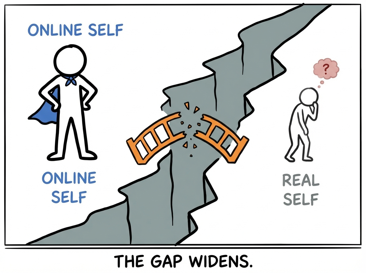 The gap between the two versions growing visually wider -- the online self standing tall and confident on one side of a widening chasm, the real self shrinking on the other side, starting to feel like the fake one