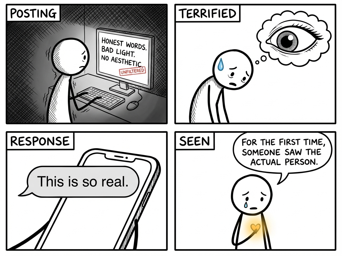 The stick figure posting something unfiltered -- bad lighting, honest words, no aesthetic -- looking terrified, then seeing a response: 'This is so real.' For the first time, someone saw the actual person.