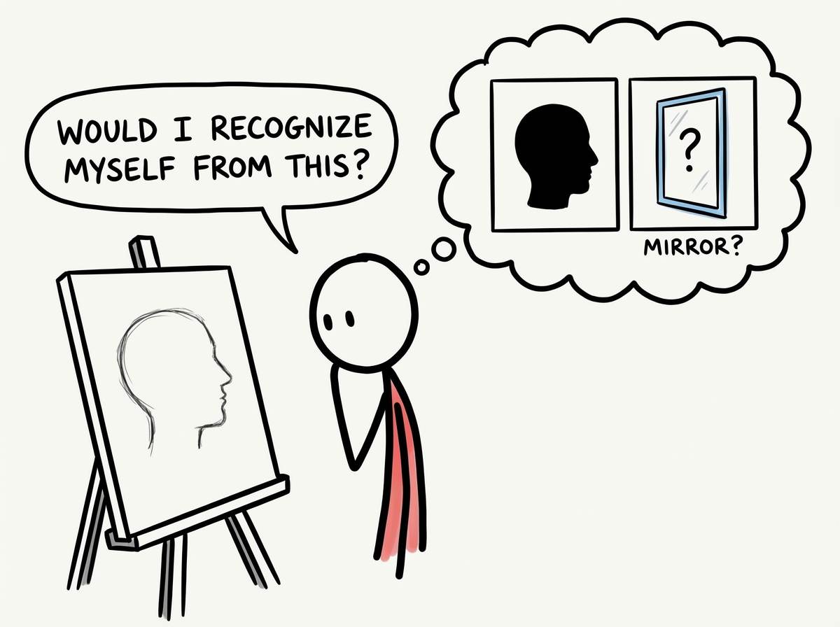 A stick figure looking at their own profile and asking 'Would I recognize myself from this?' with a thought bubble comparing the profile to a mirror