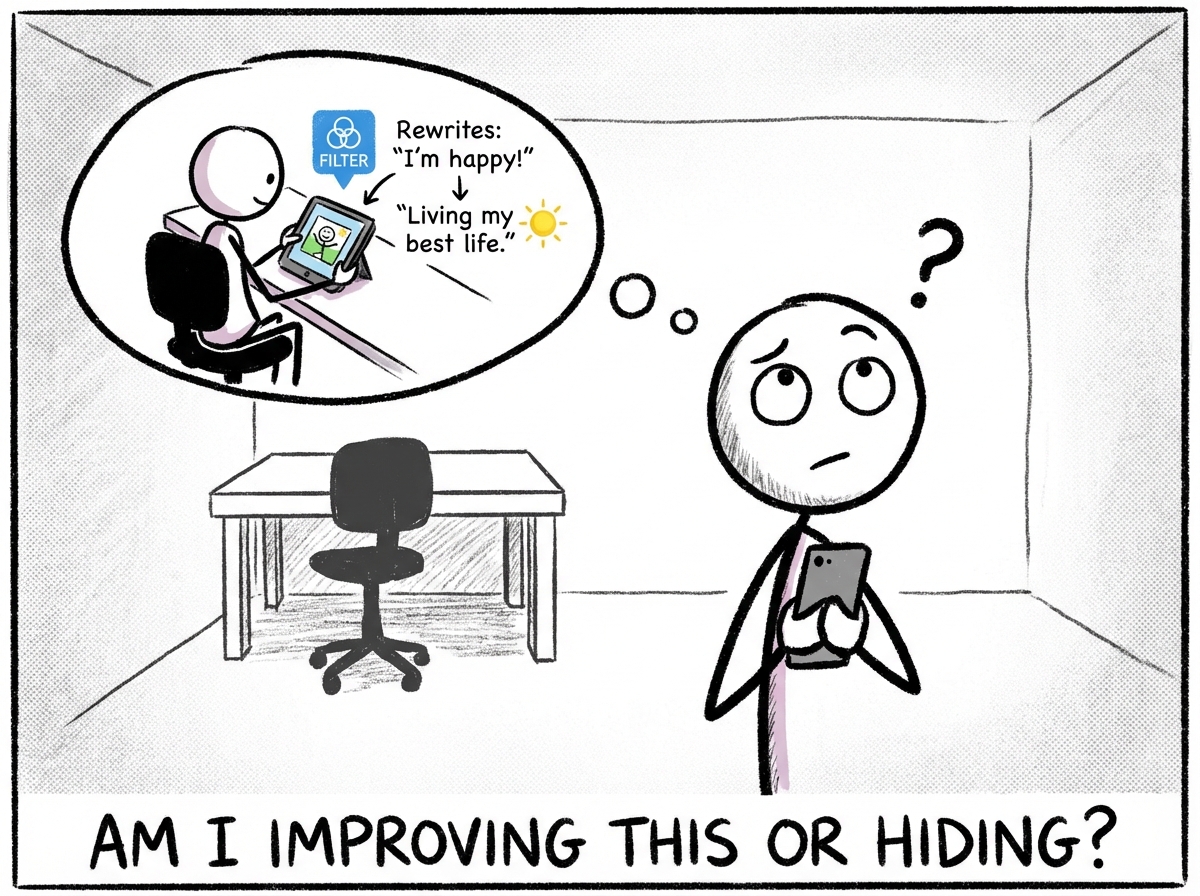 A stick figure noticing the urge to edit a photo or rewrite a caption, pausing and asking 'Am I improving this or hiding?'