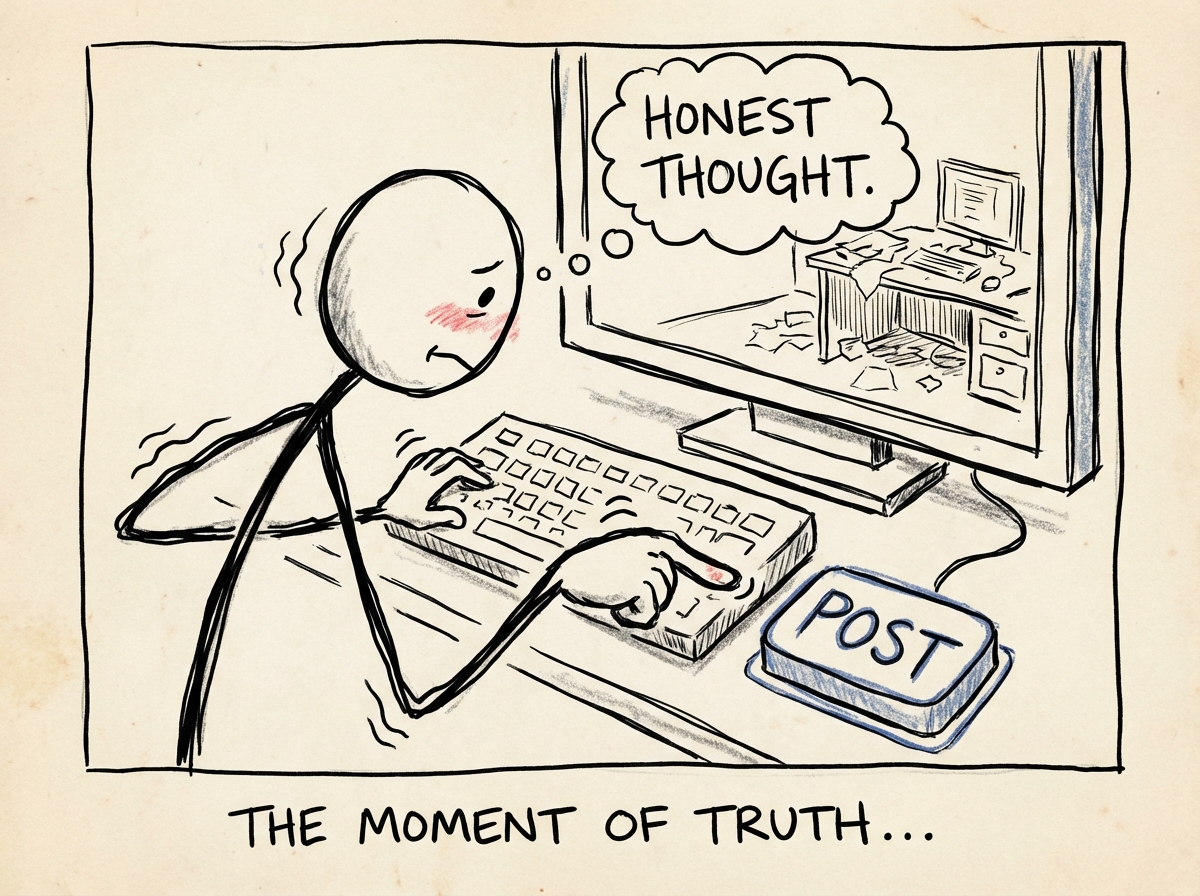 A stick figure posting something simple and unpolished -- a messy desk, an honest thought -- with shaky hands but pressing 'post' anyway