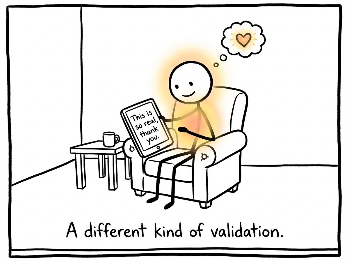 A stick figure reading a response that says 'This is so real, thank you' and feeling a different kind of validation -- warmer, quieter, and more sustaining