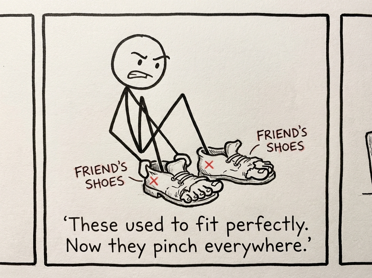A stick figure sitting on the floor, red-faced and straining, trying to force their foot into a tiny pair of shoes. The shoes are labeled 'Old friendship -- size: who you were three years ago.' The figure's foot is clearly too big. Sweat drops fly off their forehead.