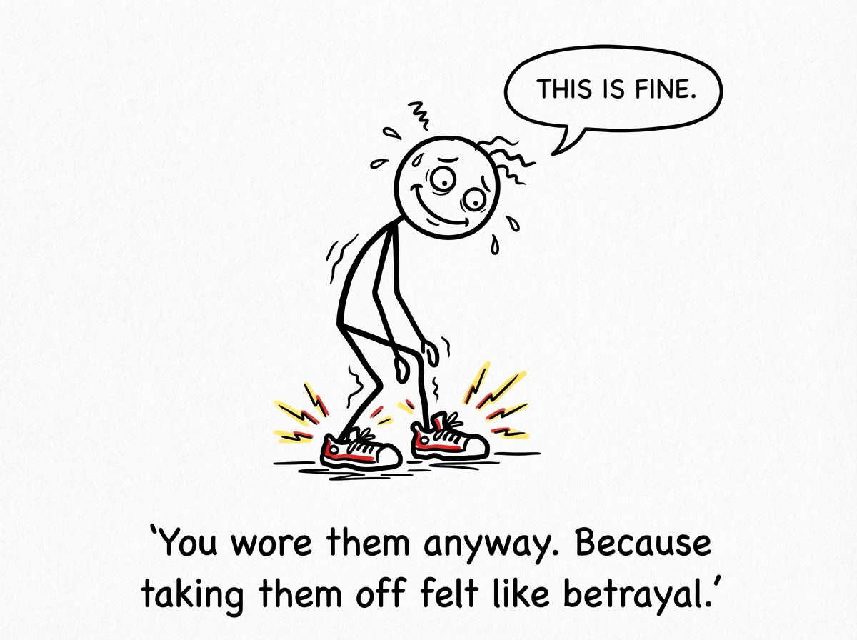 The stick figure hobbling down a path in the too-small shoes, wincing with every step. Blisters visible on their heels. But they are smiling forcefully and giving a thumbs up to another stick figure watching. A thought bubble reads 'If I just try harder they will fit again.'