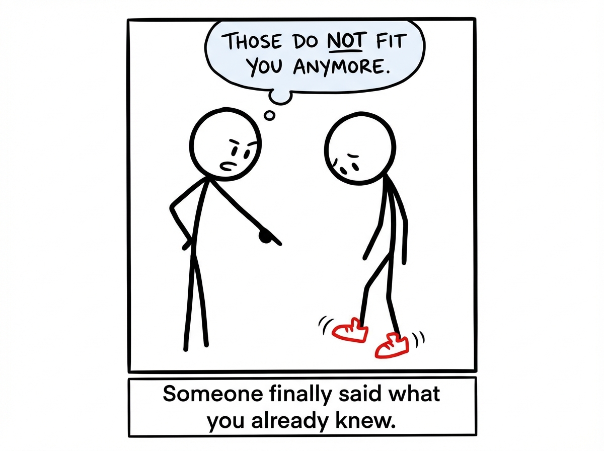 A wise stick figure sitting on a bench points at the hobbling figure's feet and says 'Those have not fit you in a long time.' The hobbling figure stops mid-stride, looking down at the tiny shoes with a mix of recognition and sadness.